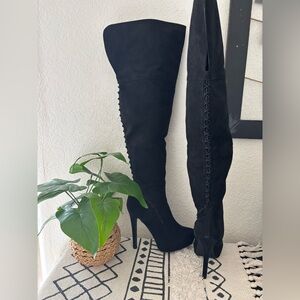 JustFab Black Over-the-Knee Boots with Lace Detail